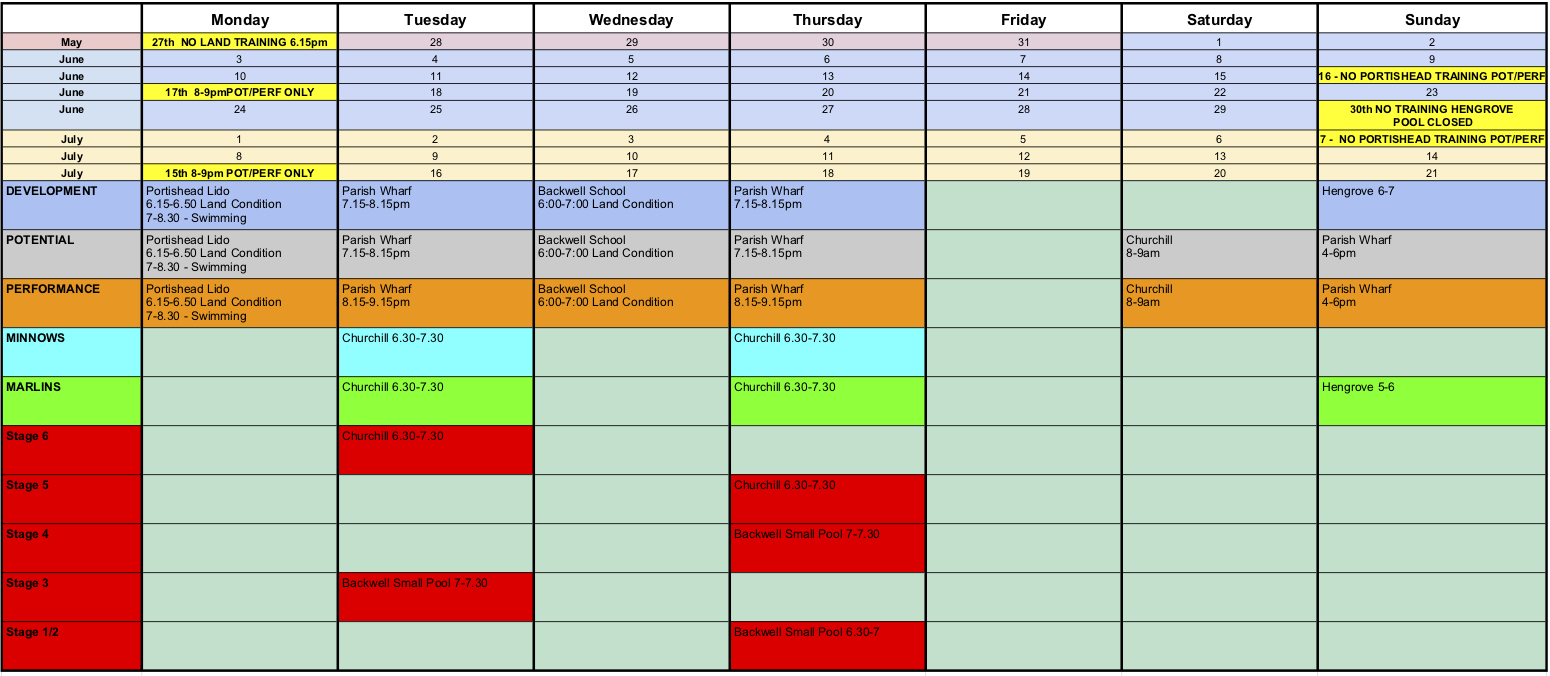 TEMPORARY NEW TRAINING SCHEDULE - UPDATED 7th JUNE